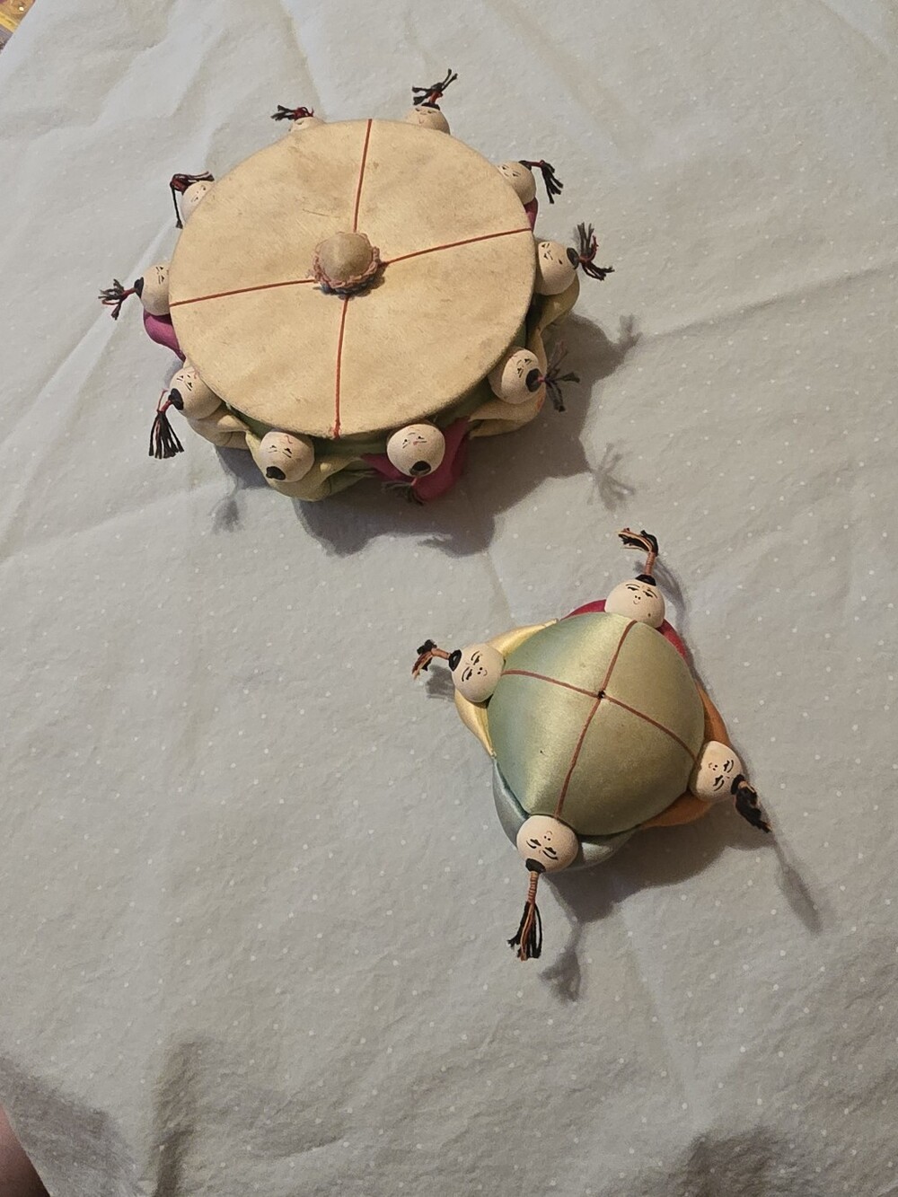Vintage Chinese Silk Fabric Pincushion (4-doll) & Trinket Box (10-doll) Lot
